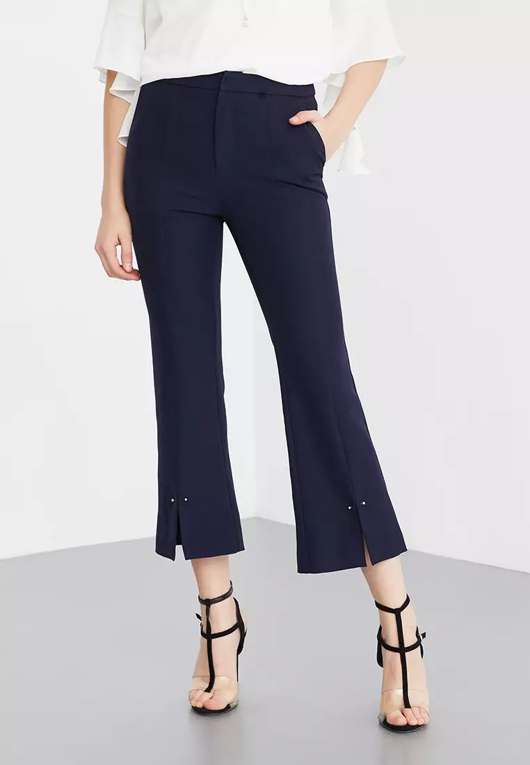 Slim Fit Flare Capri Pants with Front Cuff Slits