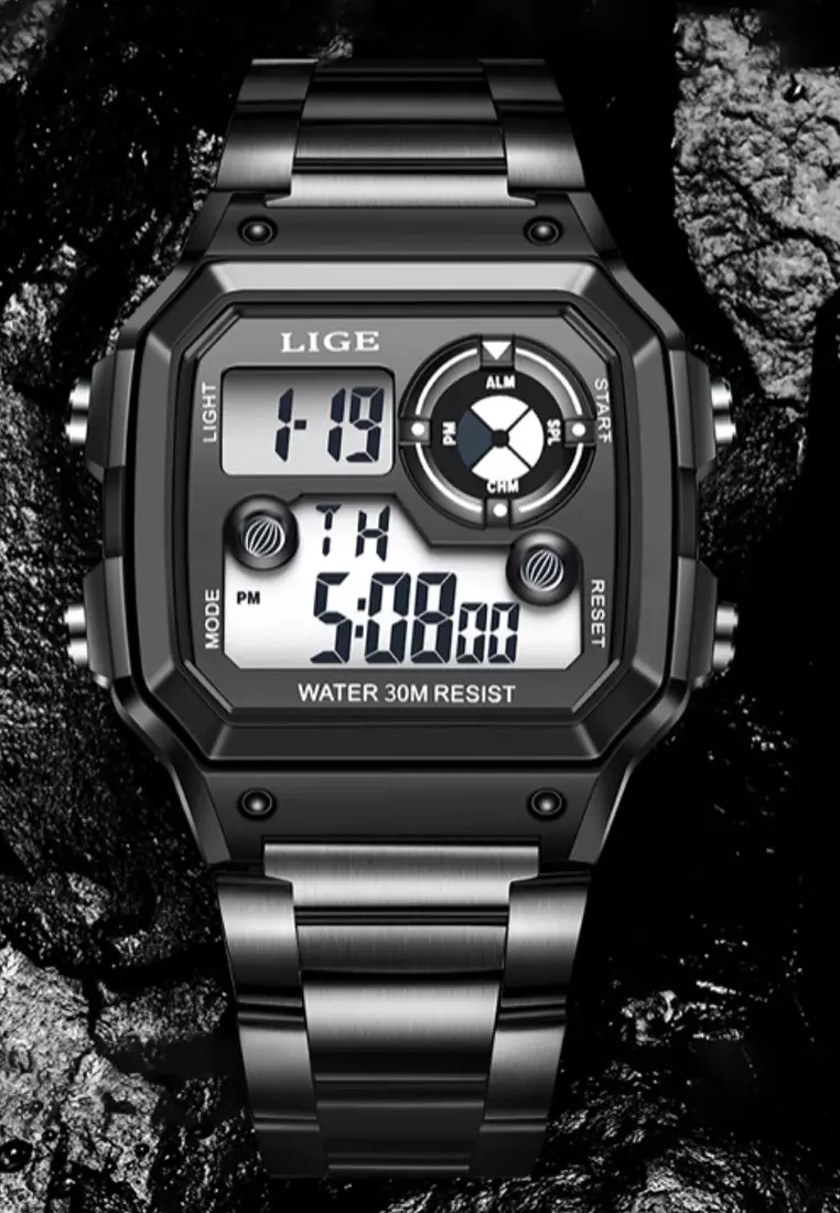 Unisex Digital IP Black Stainless Steel Watch on IP Black Steel Bracelet