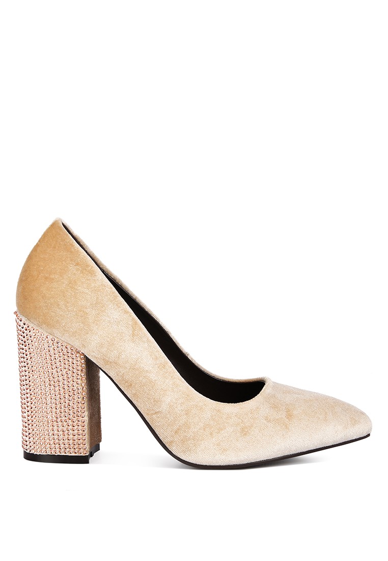 Champagne Diamante Block Heeled Pumps