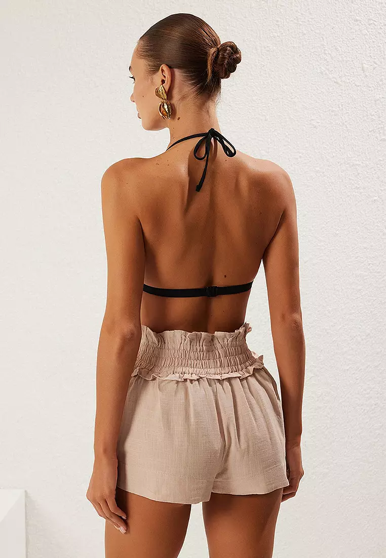 Beige Woven Ruffle Flamed Cotton Beach Shorts