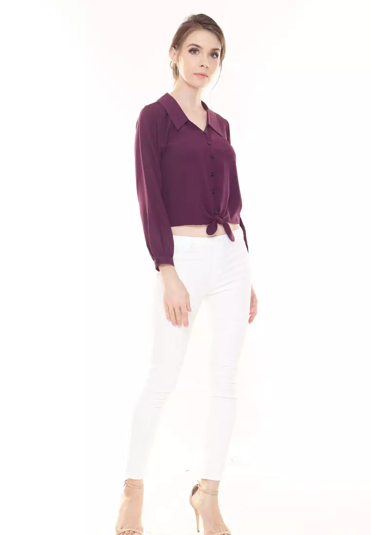 Evelyn Top Button Ribbon Tied up in Dark Purple