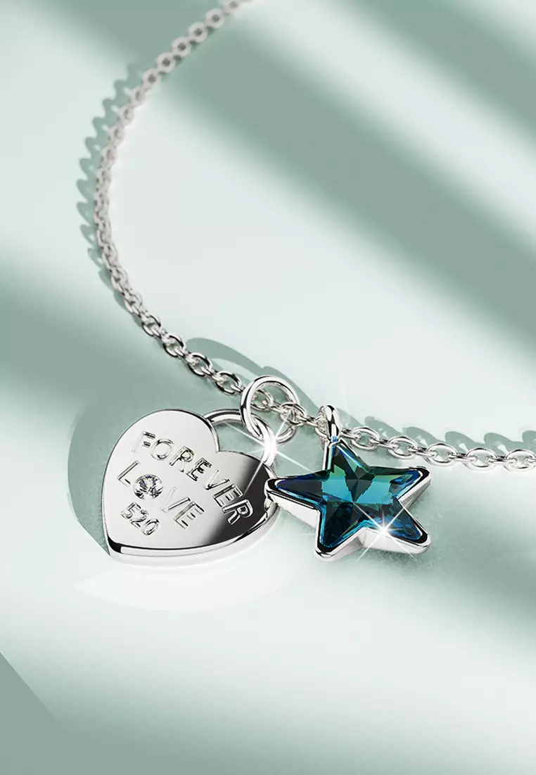 Solid 925 Sterling Silver Heart-Shaped Pendant and Bermuda Blue Necklace Embellished with Crystals from SWAROVSKI®