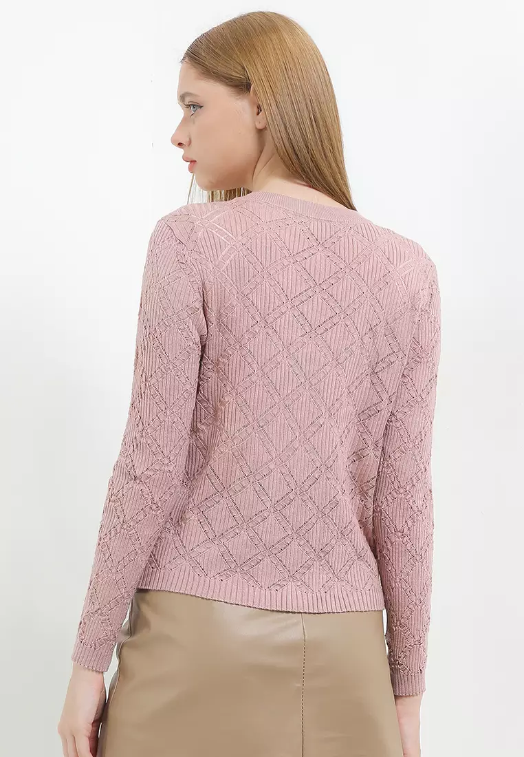 L/S Diamond Pattern Knit Cardigan W/ Rose Buttons