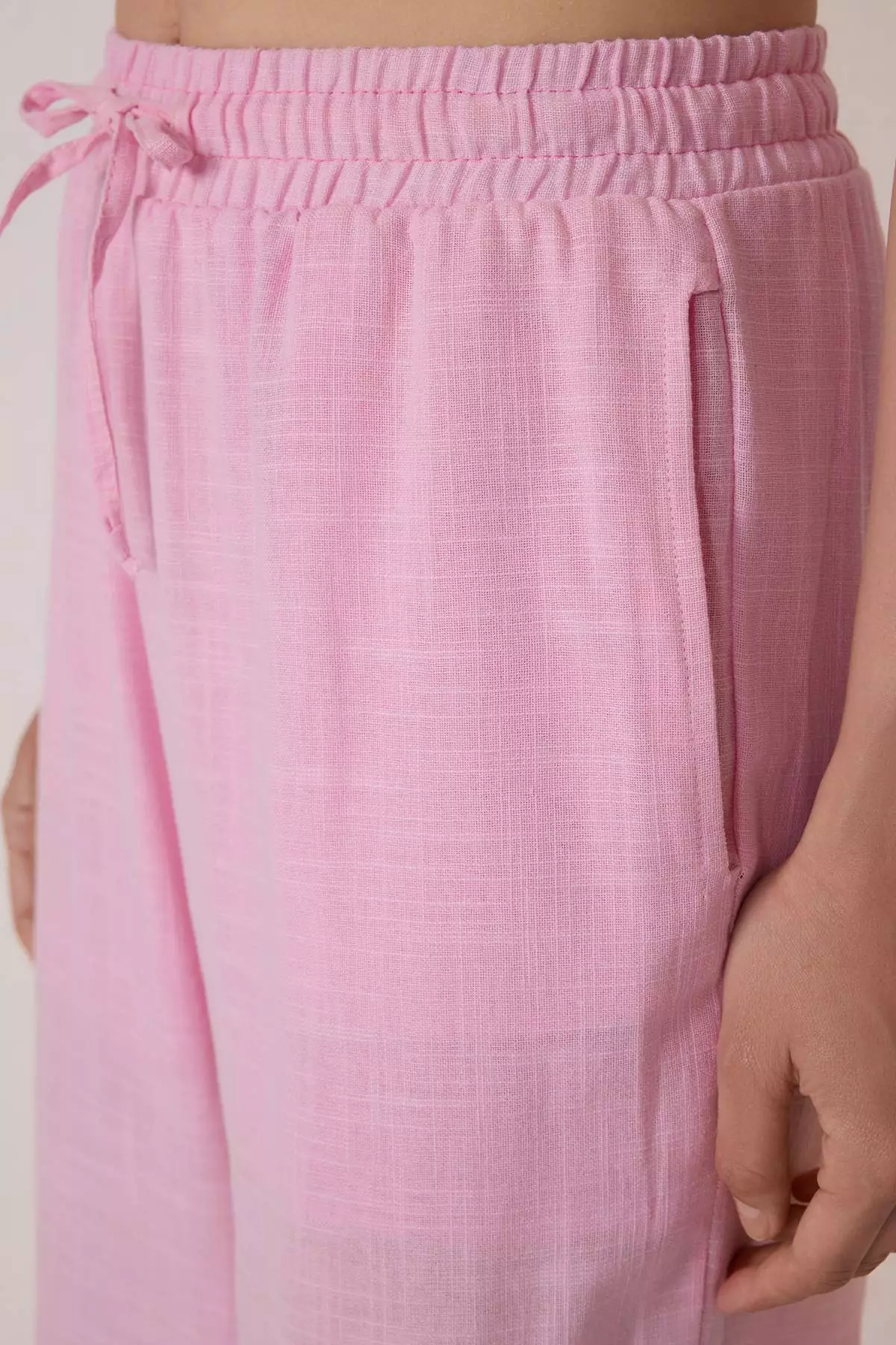Light Pink Linen Look Wide Leg Shorts Lined Elastic Waist Pants