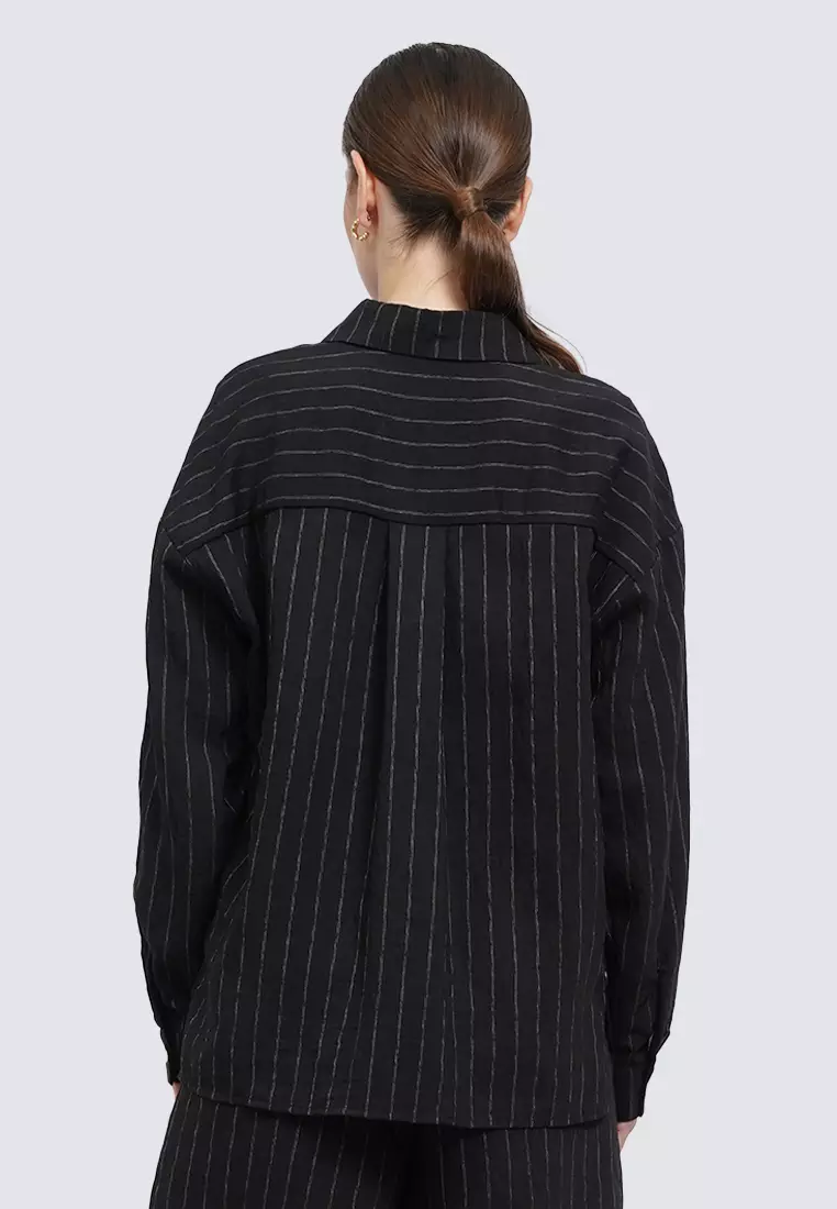 Oversized Long Sleeve Stripes Blouse BLACK