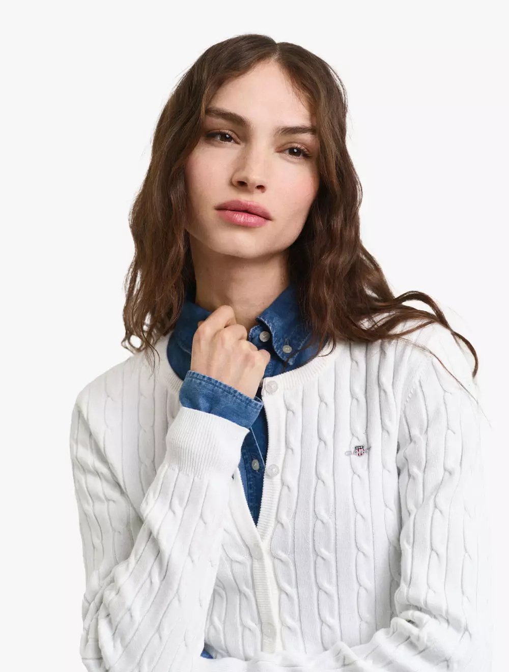 GANT - Pakaian Wanita - Stretch Cotton Cable Cardigan - Eggshell