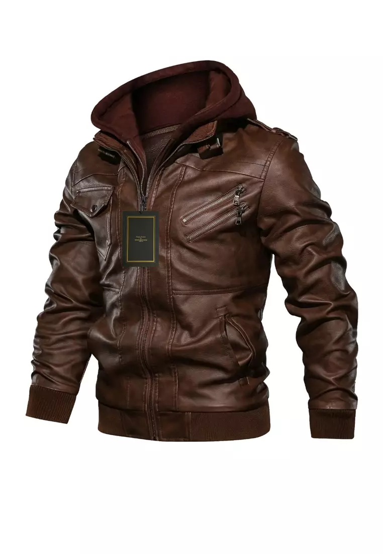 Mens faux leather jacket clearance with hood