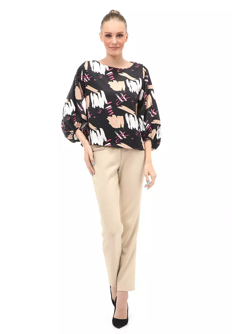 Blouse Atasan Wanita Lengan Panjang Model Puff Motif Abstrak Regular Fit - Hitam