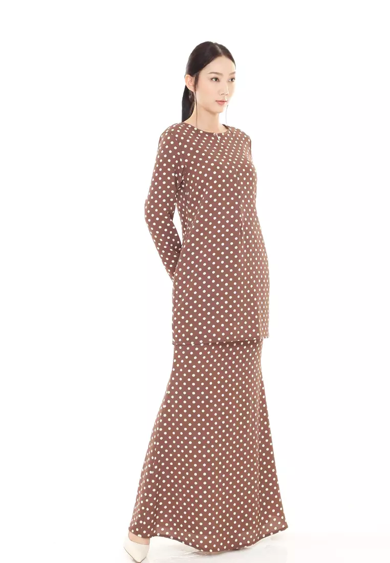 Rina Polka Dot Printed Kurung Basic Modern in Brown