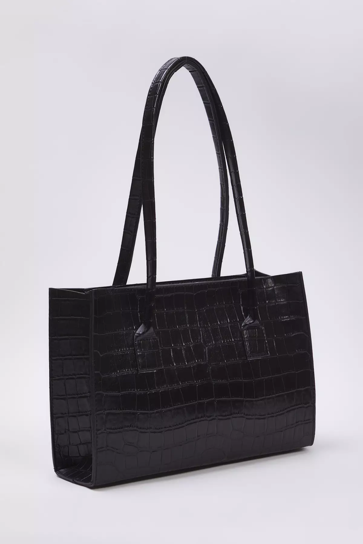 Black Textured Women's Midi Tote Shoulder Bag