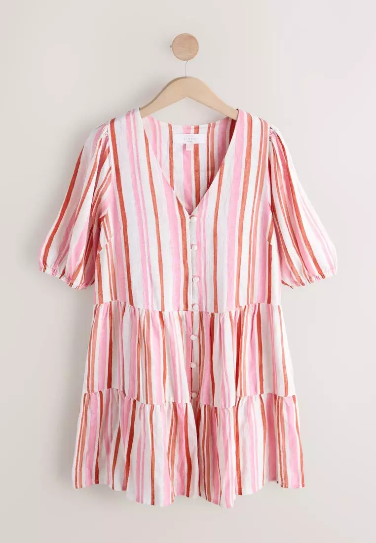 Short Sleeve Button Through Tiered Mini Dress with Linen