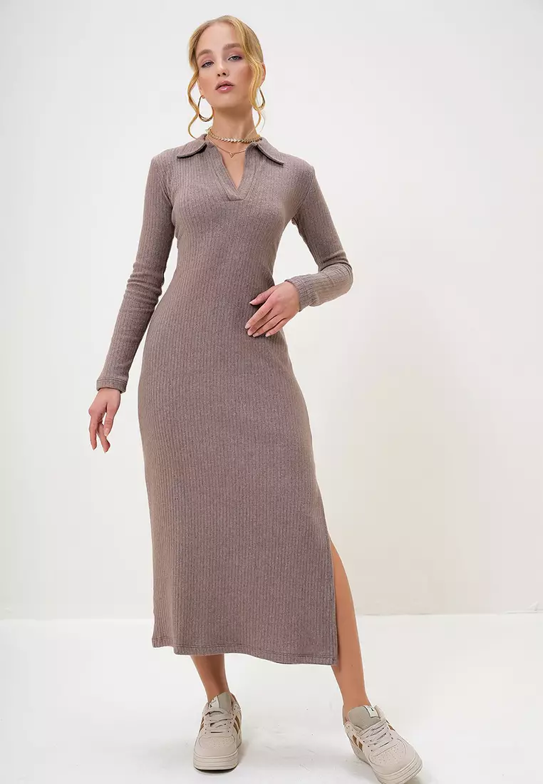 Women's Mink Polo Collar Half Placket Side Slit Interlock Fabric Dress