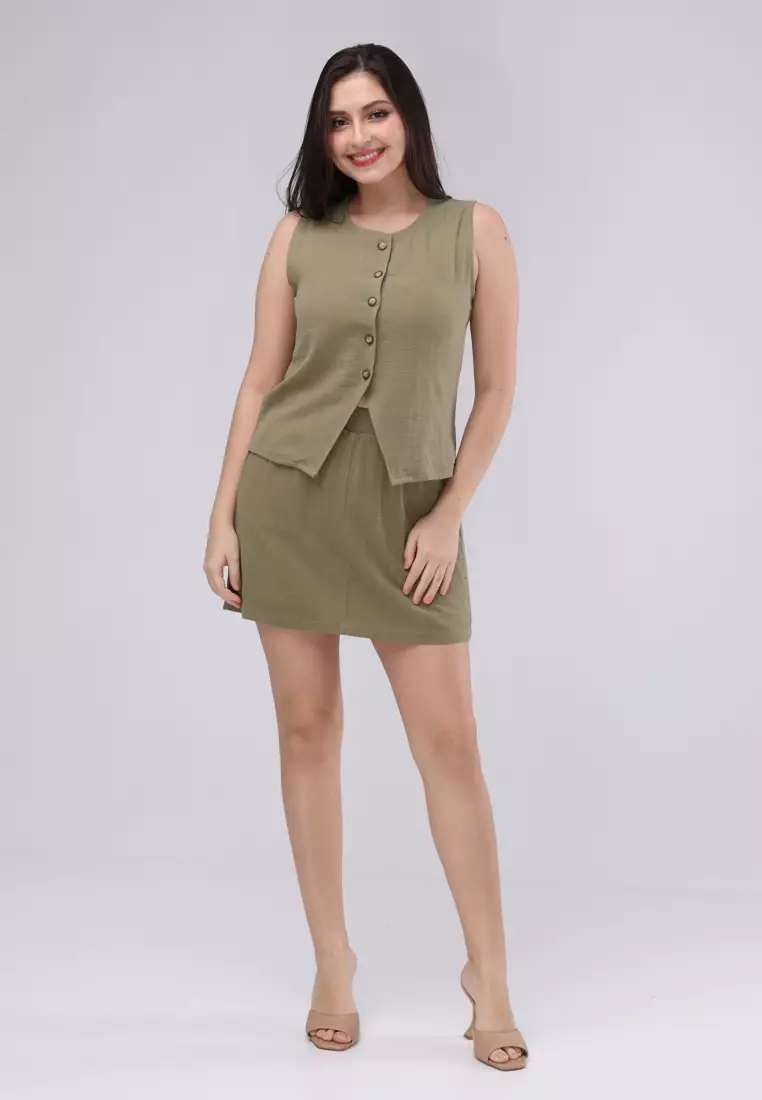 Woven Cotton Wrinkle Sleeveless Blouse Terno Skort