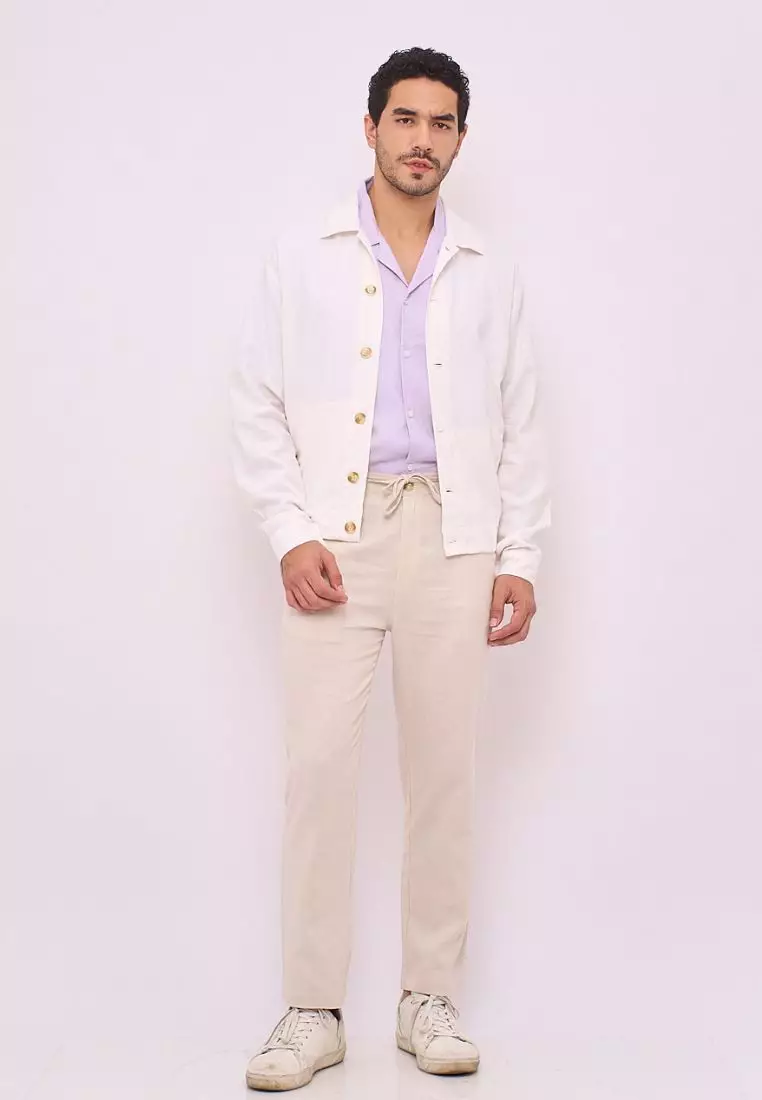 Aneto Jaket Bomber Pria Linen Warna Putih | Linen Bomber Jacket Men White