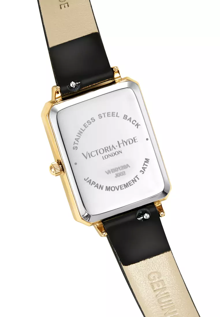 Hampton 22×28 mm女士手錶 黑色珍珠母貝錶盤 優雅方形手錶 配黑色真皮錶帶-黑色