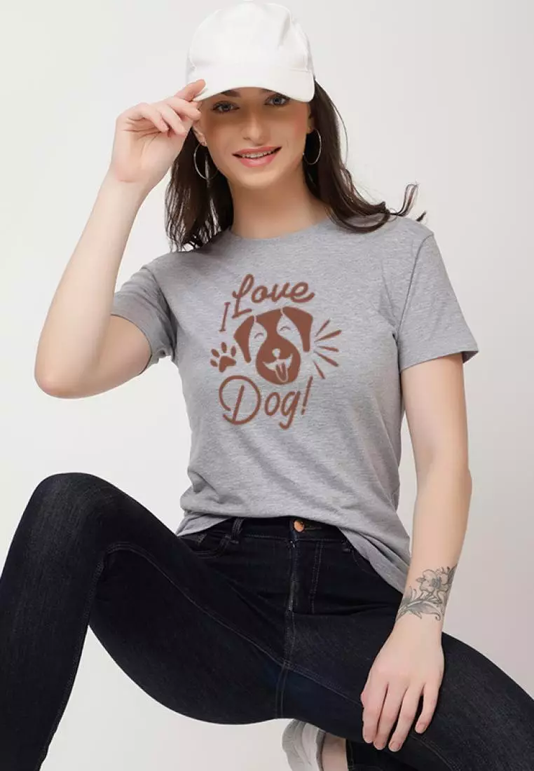 Love Dog Relaxed Short Sleeve Stylish Grey Cotton Casual Graphic Print Tee/TShirt