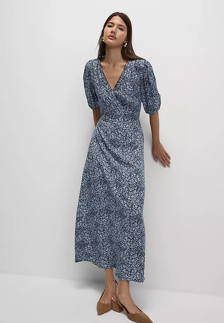 Printed V-Neck Puff Sleeve Midi Tea Dress