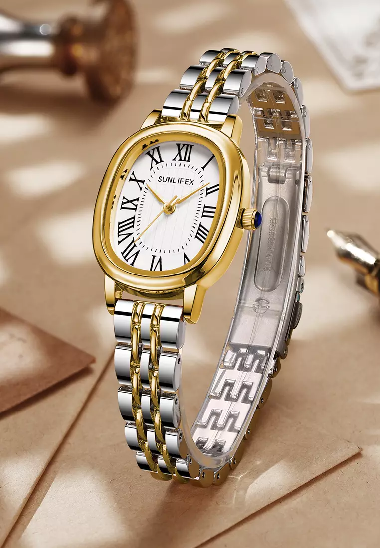 Jam Tangan Wanita Analog Original Korean Tali Rantai Oval Stanless Anti Air Jam Tangan Cewek goldwhite