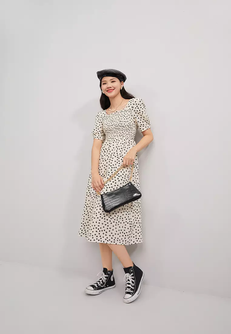 Square Neck Textured Floral Long Dress
