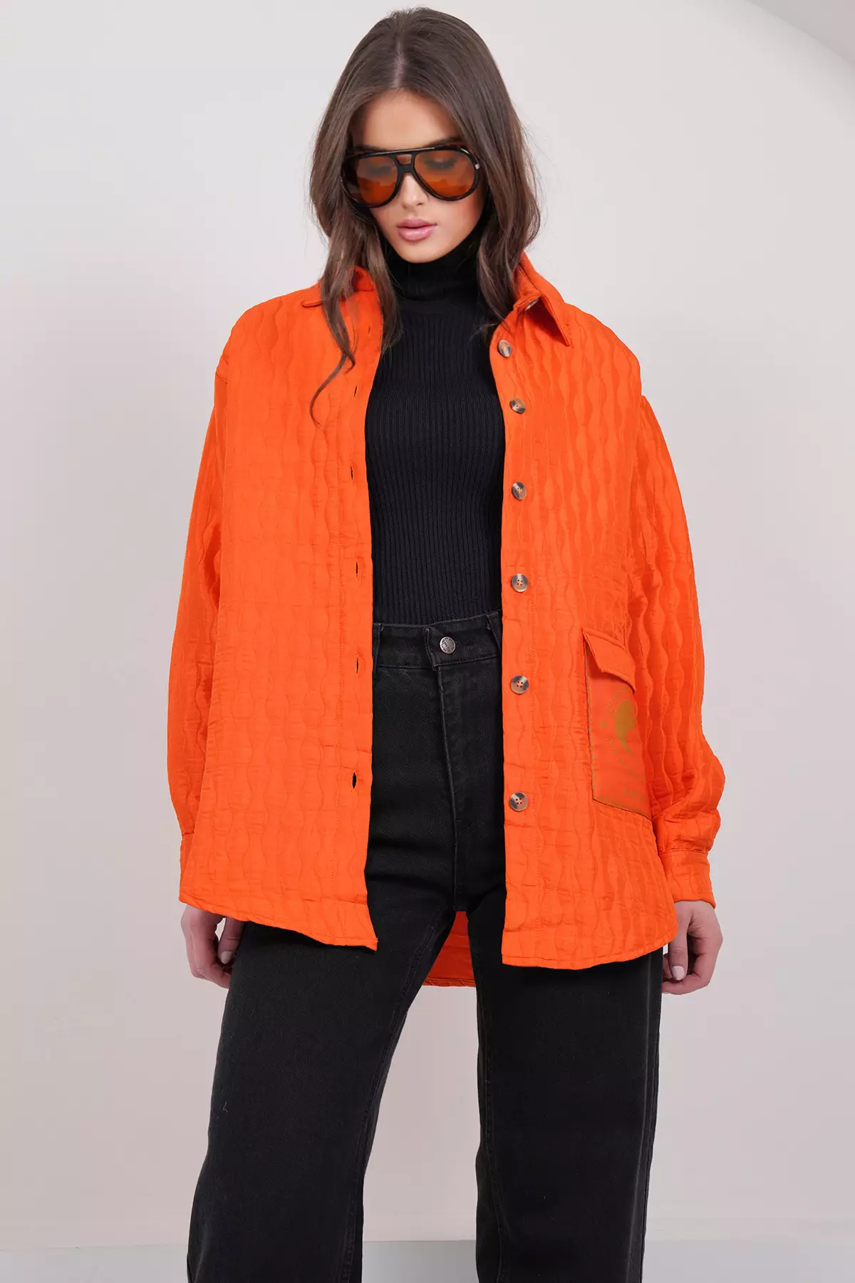 Women'S Orange Pocket Detailed Quilted Shirt Jacket Alc-X14986