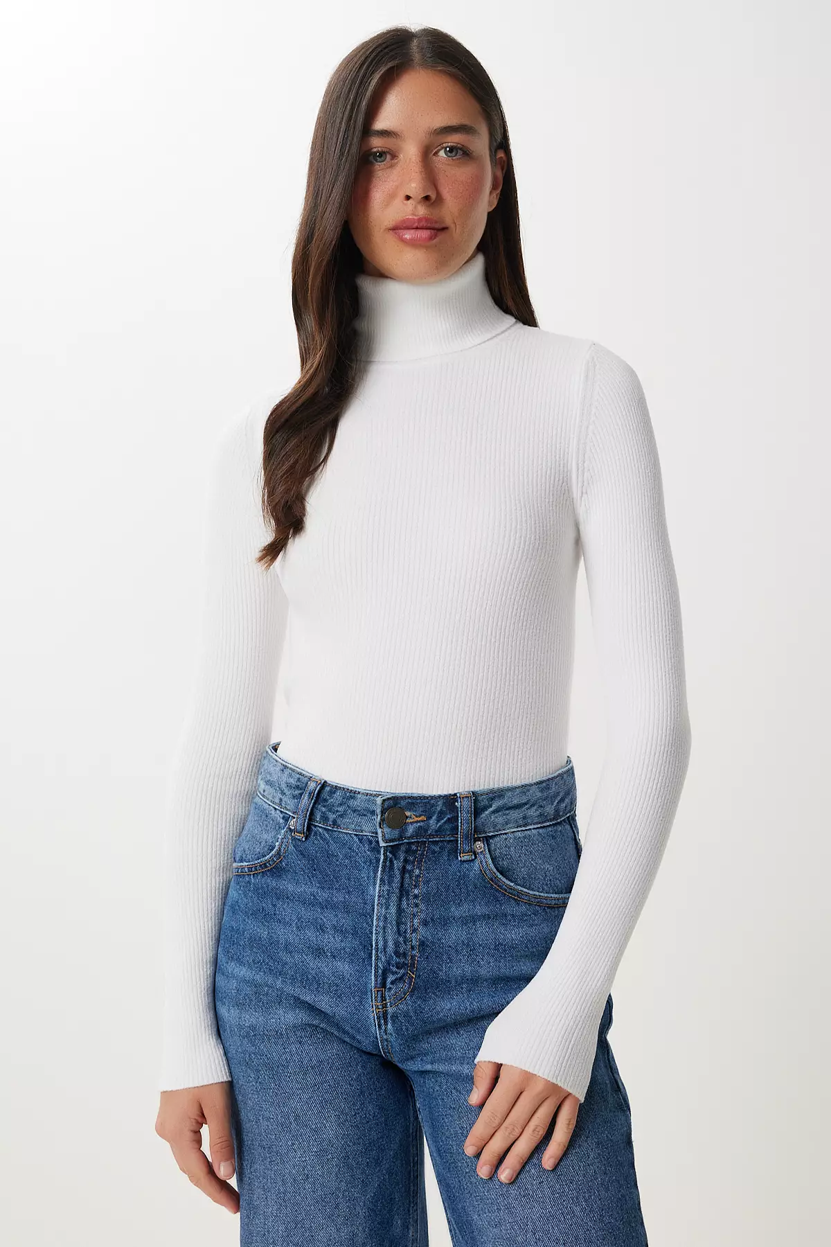 Women's White Turtleneck Stretchy Ribbed Sweater Ns00460