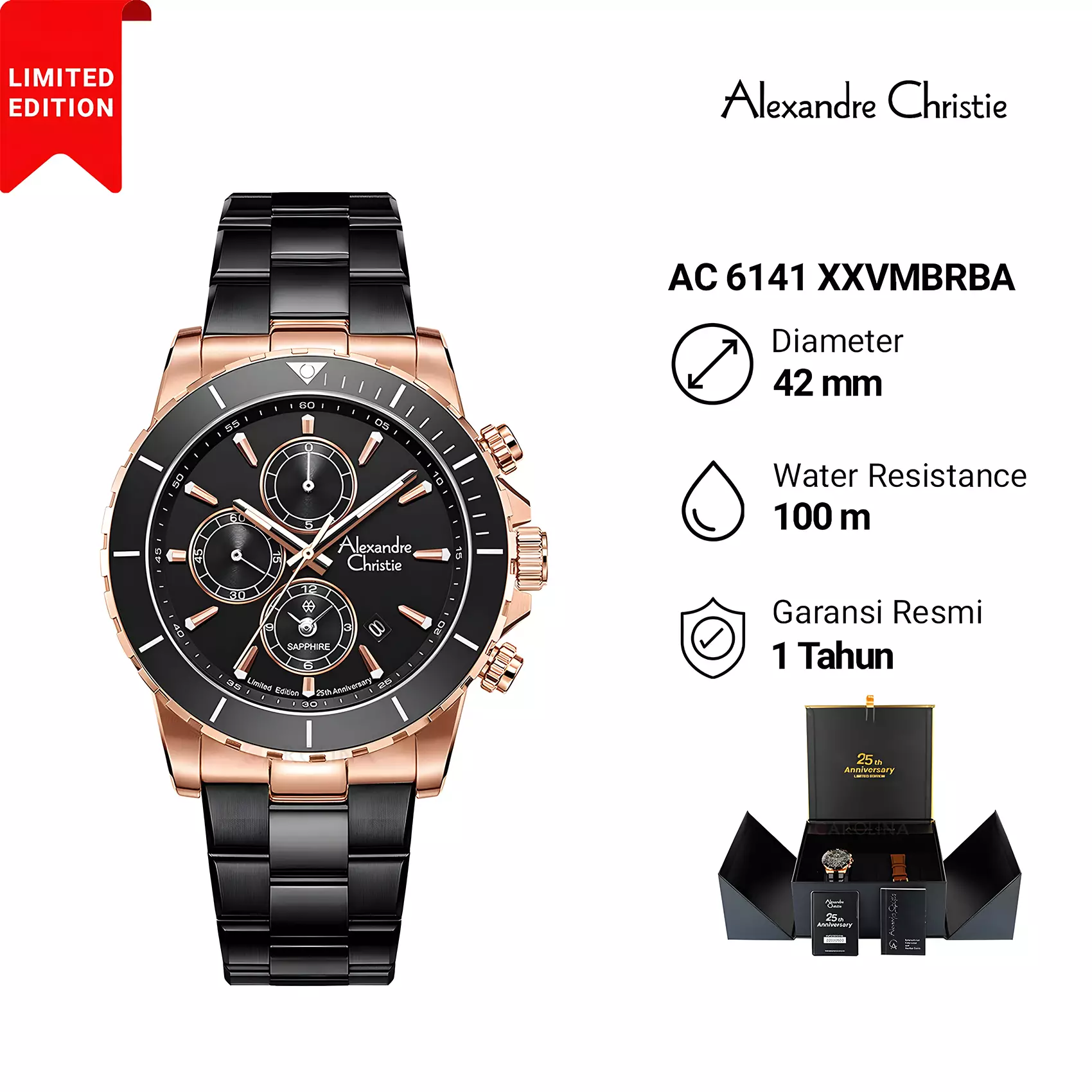 Alexandre Christie 25th ANNIVERSARY Limited Edition - Jam Tangan Chronograph Pria - Black Rose Gold - All Stainless Steel - 6141 XXVMBRBA