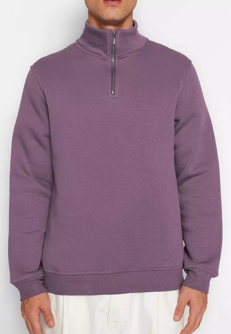 Purple Regular/Normal Cut Stand Collar Zippered Cotton Basic Polar Fleece Sweatshirt TMNAW24SW00041