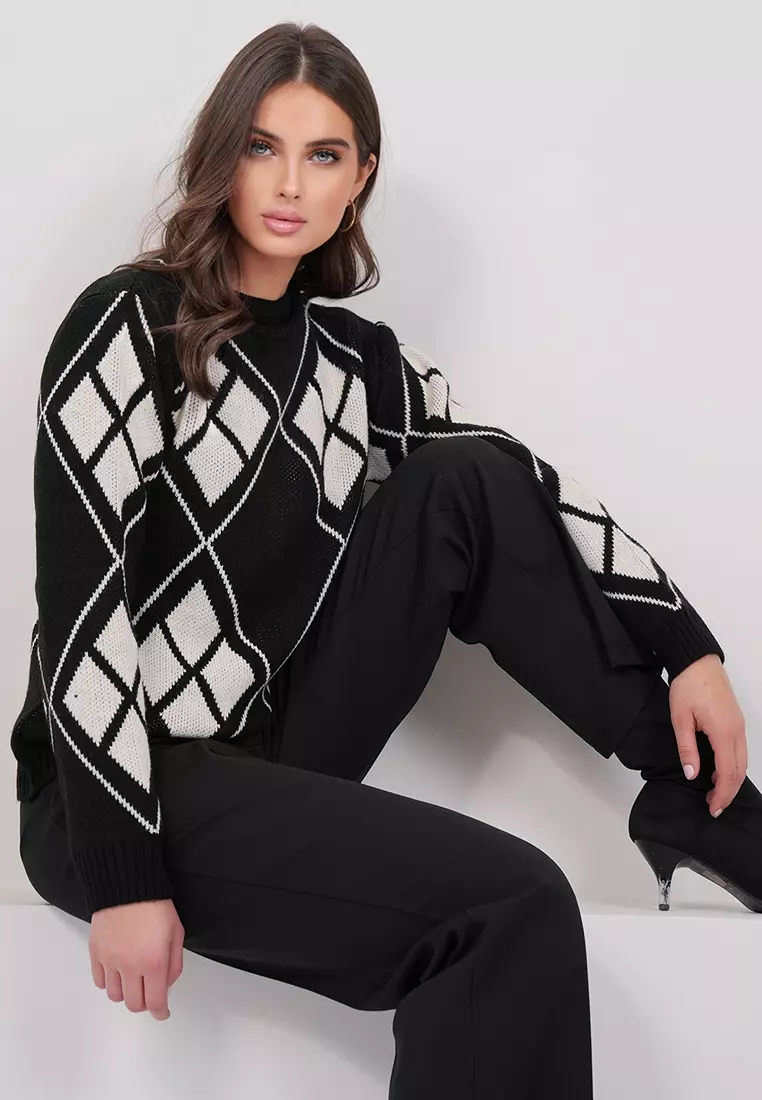 Crew Neck Argyle Patterned Premium Knitwear Sweater