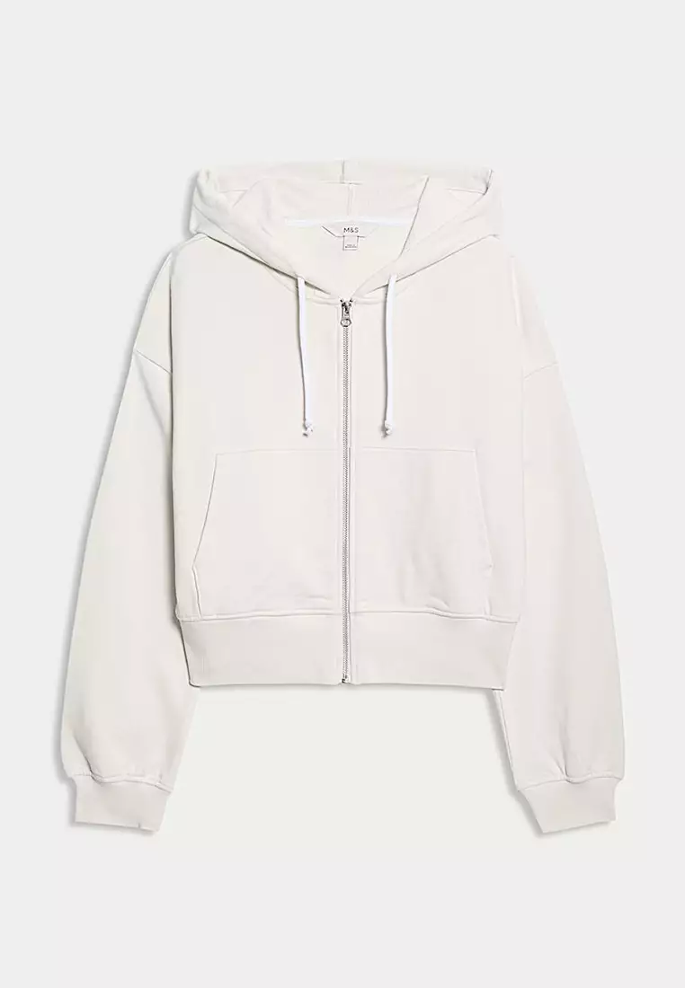 Pure Cotton Cropped Zip Through Hoodie
