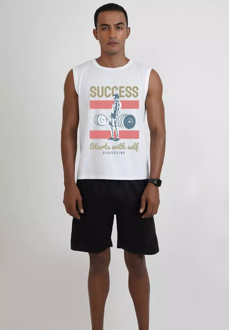 成功从这里开始白色图案无袖健身运动背心/背心