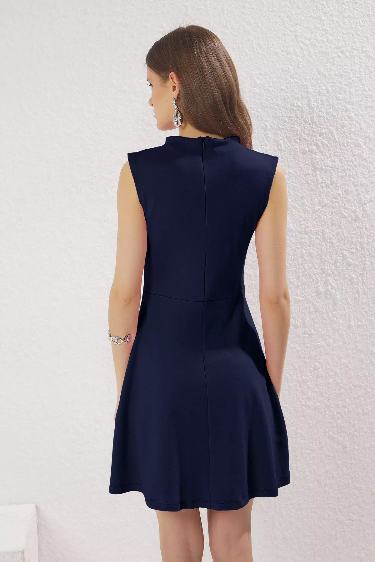 Navy Blue Stand Collar Skater/Waist Open Mini Knitted Dress TWOSS25EL00359