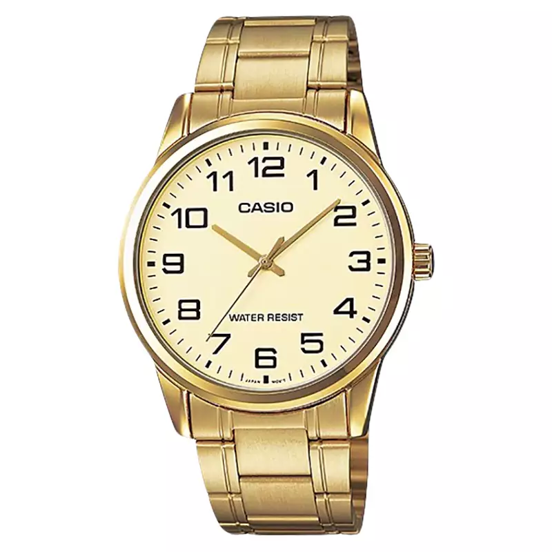 Jam Tangan Pria Casio General MTP-V001G-9BUDF MTPV001 MTP-V001G Beige Dial Soft Gold Stainless Steel Band