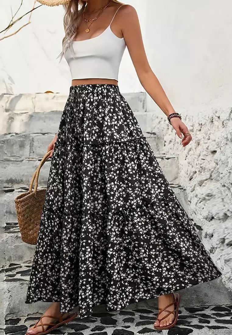 Buy Twenty Eight Shoes Elastic Waist Layered Floral Print Long