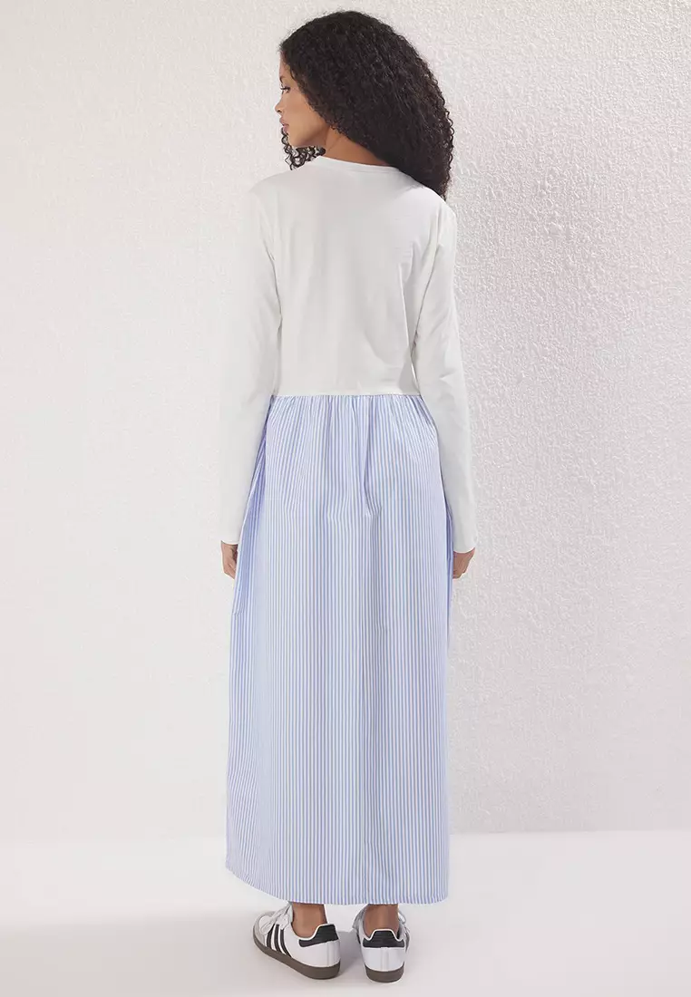 Blue Striped Woven Fabric Skirted Jersey Knit Dress Tctss25Eb00146