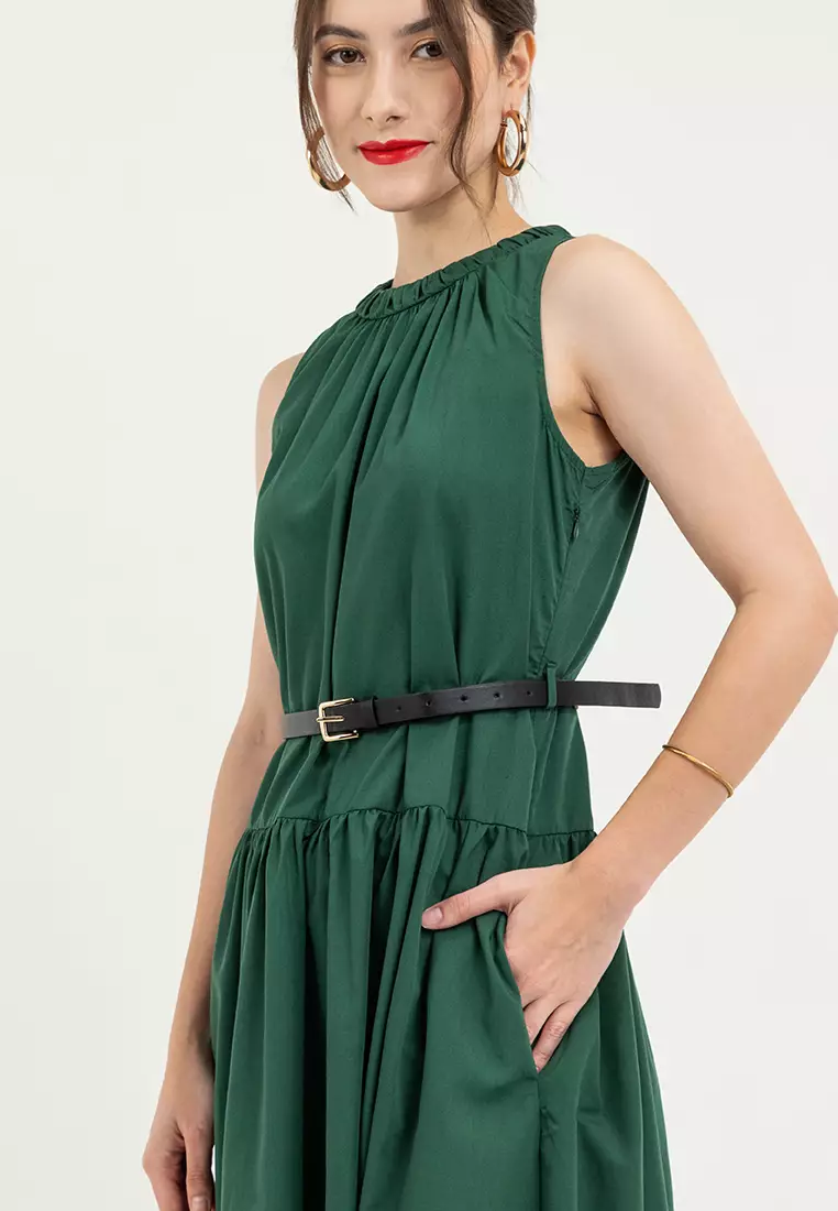 Cherino Shirred Neckline Belted Dress