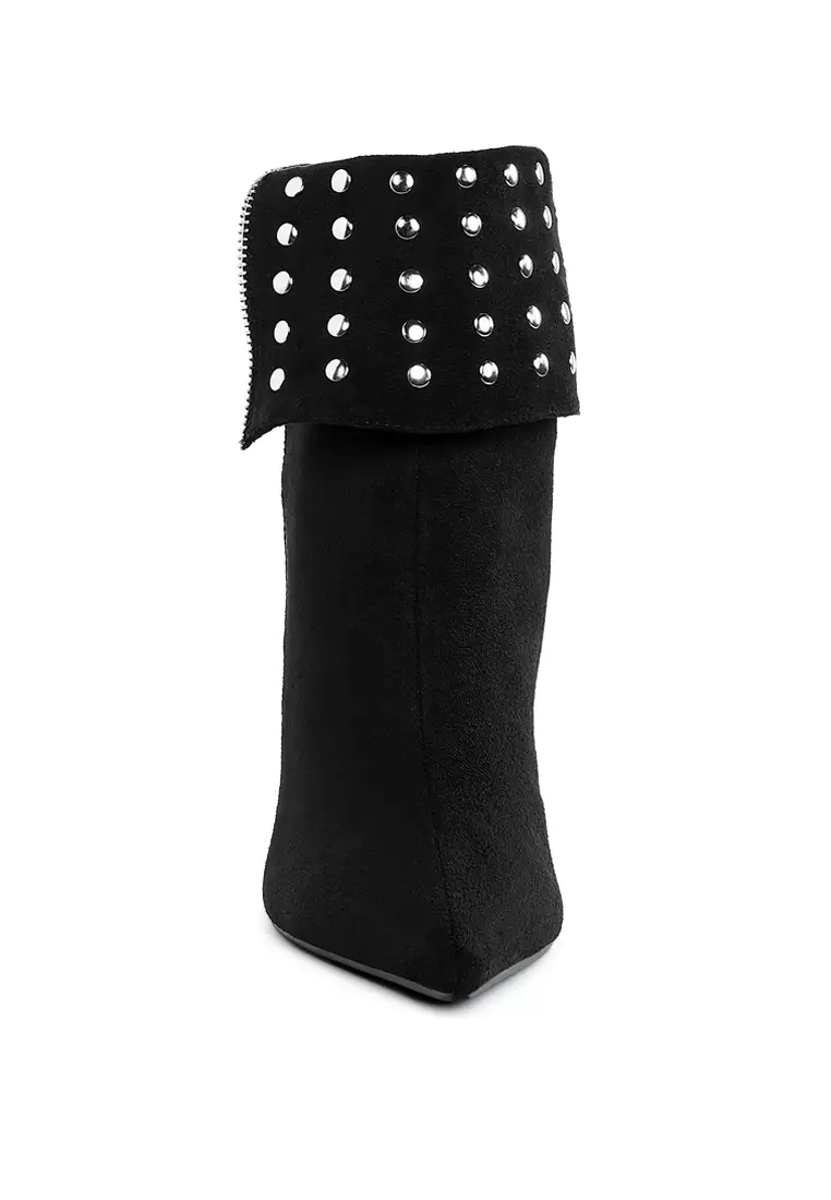 Stud Embellished Foldover Boots in Black
