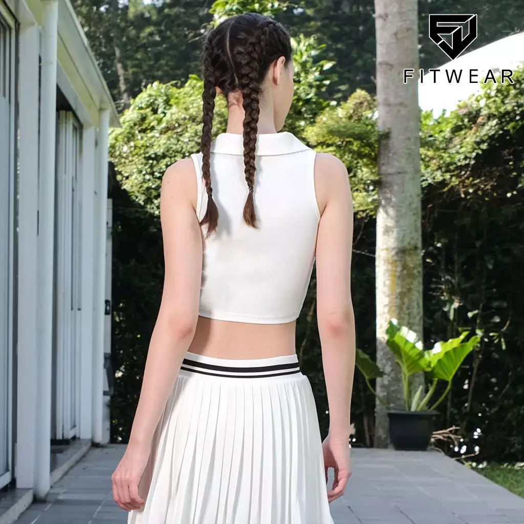 Fitwear Croptop + Sportbra Olahraga Padel Wanita MIKAYLA COLLAR 2in1 - WHITE