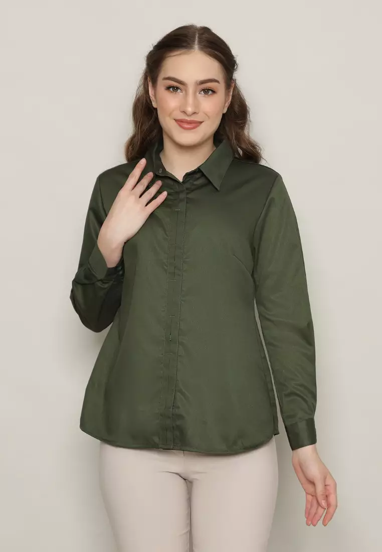 Jual FAME FAME Kemeja Wanita Basic Lengan Panjang Army Green