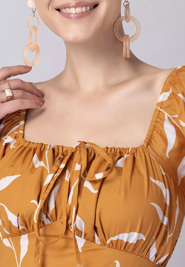 Mustard Yellow Printed Front Slit Dress