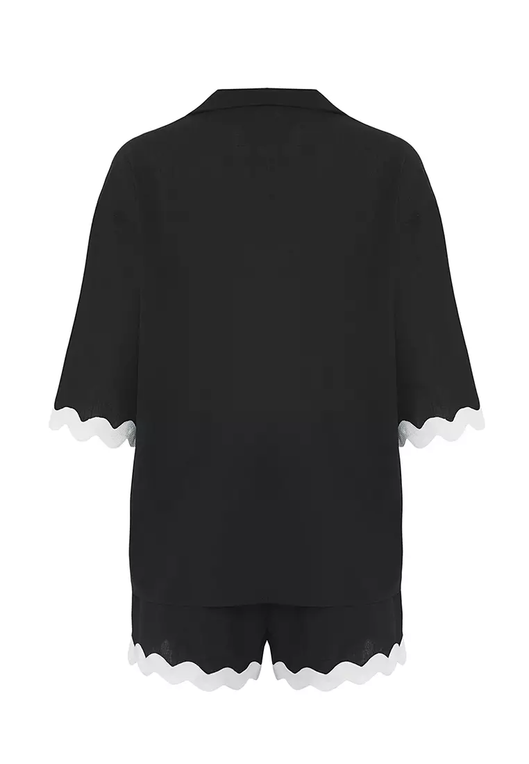 Black-White Stripe Accessory Kimono Shorts Beach Suit Tbess25Au00047
