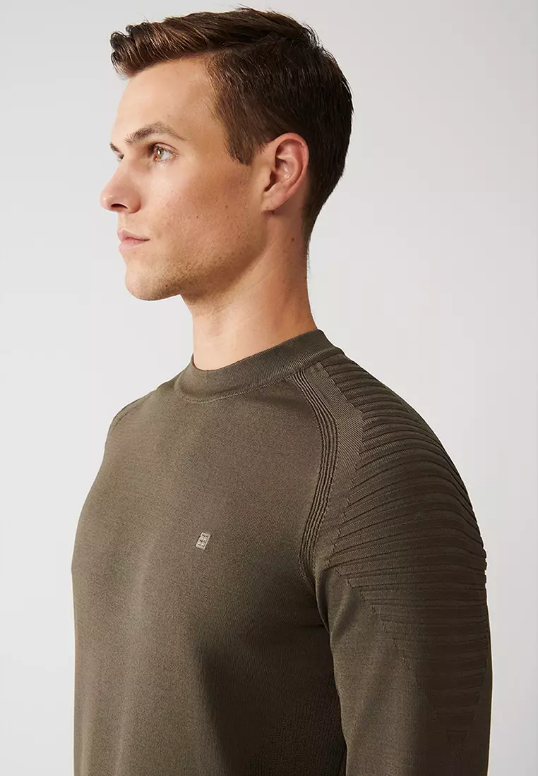 Men's Khaki Crew Neck Rayon Knitwear Sweater A32Y5006