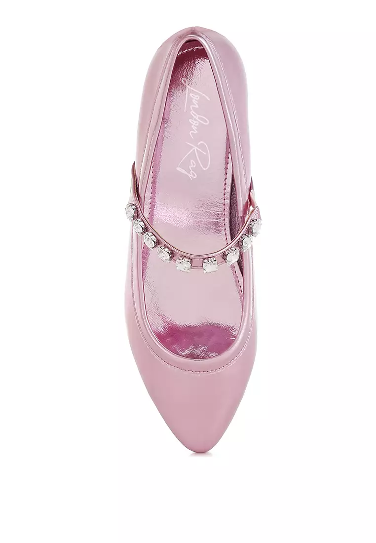 Sepatu Balerina Mary Jane Metalik Berwarna Merah Muda