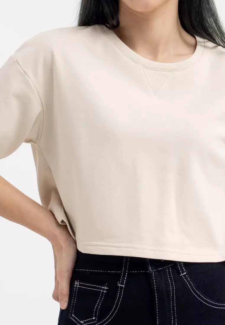 Oversized Short Sleeve Crop Top- Beige