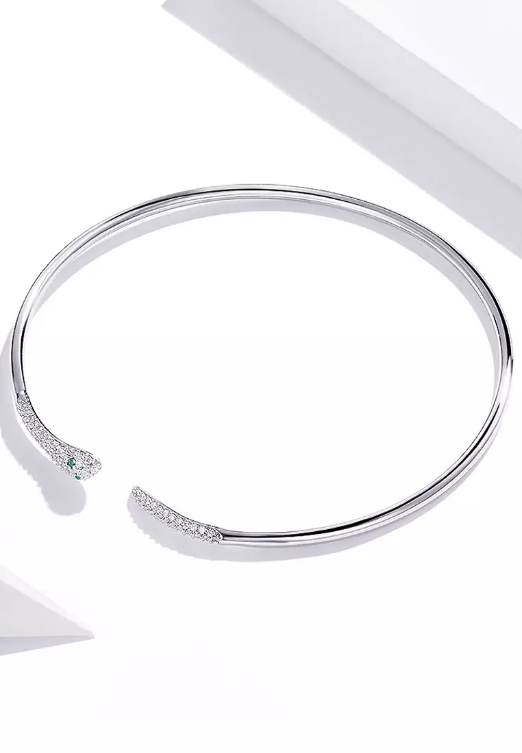 Solid 925 Sterling Silver Rattle Snake Open Cuff Bangle