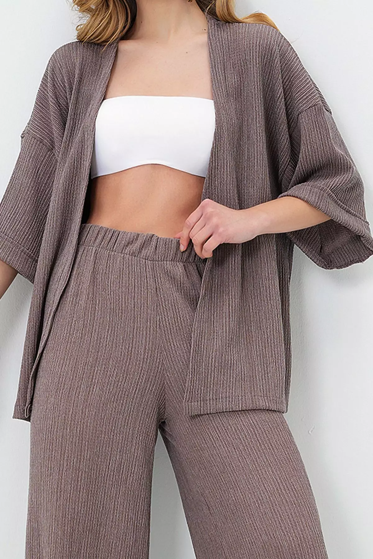 Women's Mink Double Sleeve Wrap Fabric Summer Kimono And Trouser Set