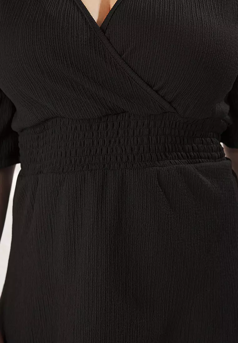 Black Double Breasted Collar Gipe Detailed Knitted Plus Size Blouse TBBSS25AF00083