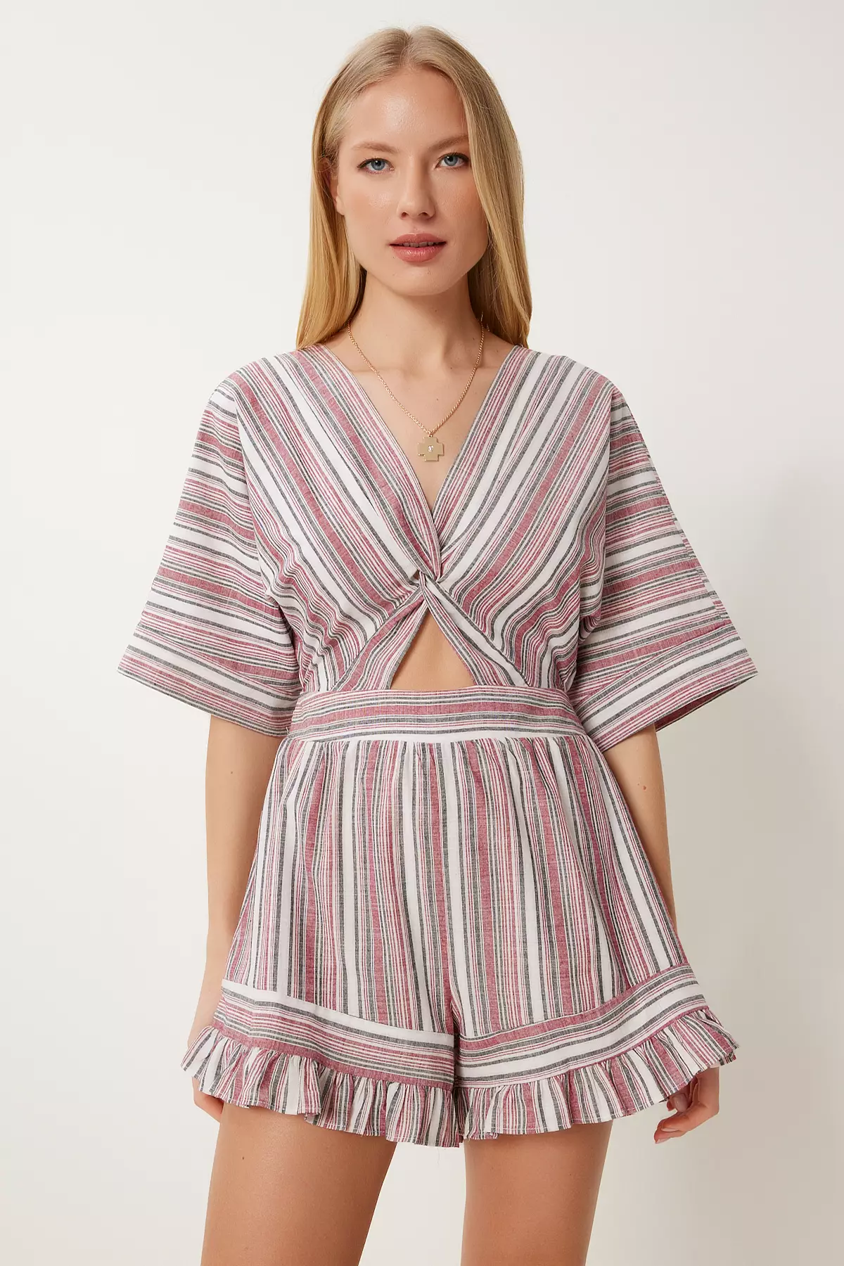 Women's Bone Burgundy Striped Linen Shorts Jumpsuit Li00119