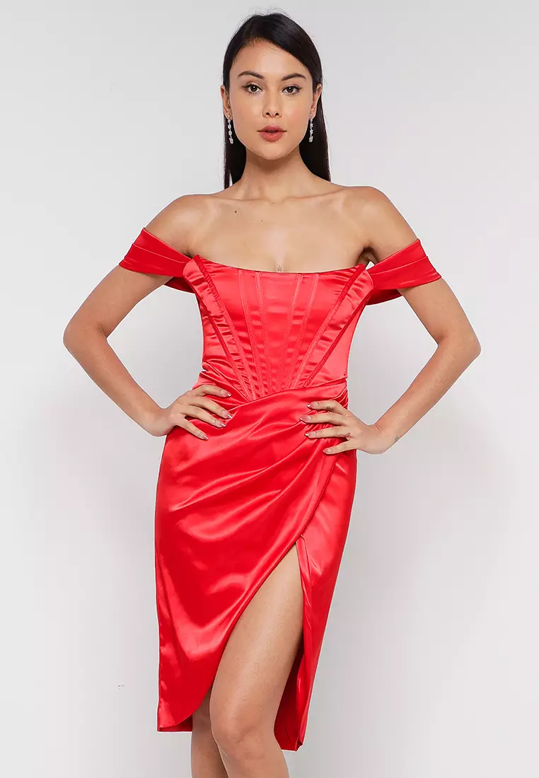 Bodycon Corset Satin Off Shoulder with front slit Dress