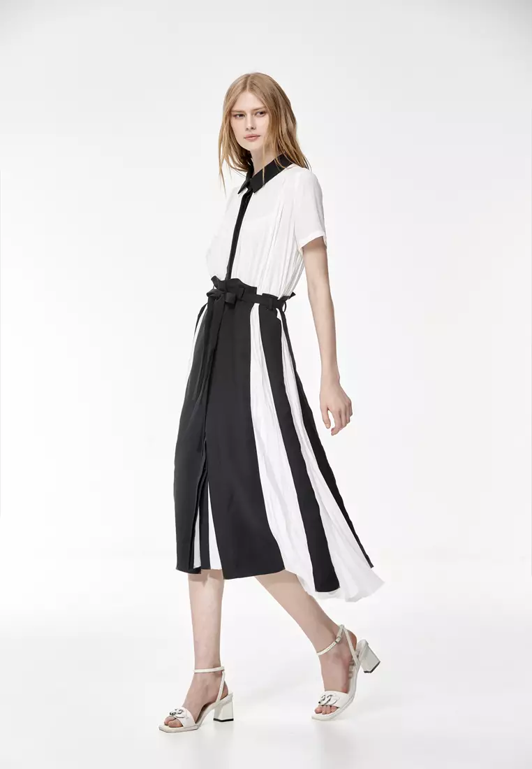 Pleated Colour Block Chiffon Dress