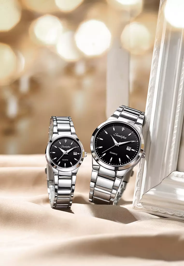 Jam Tangan Couple Original Tanggal Luminous Santai Tali Stainless Steel Jam Tangan Pria/Wanita 9108 silverblack